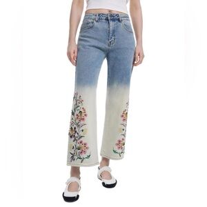 AS IS NWT Desigual Texas Floral Embroidered Cropped Flare Denim Faded Blue Jeans